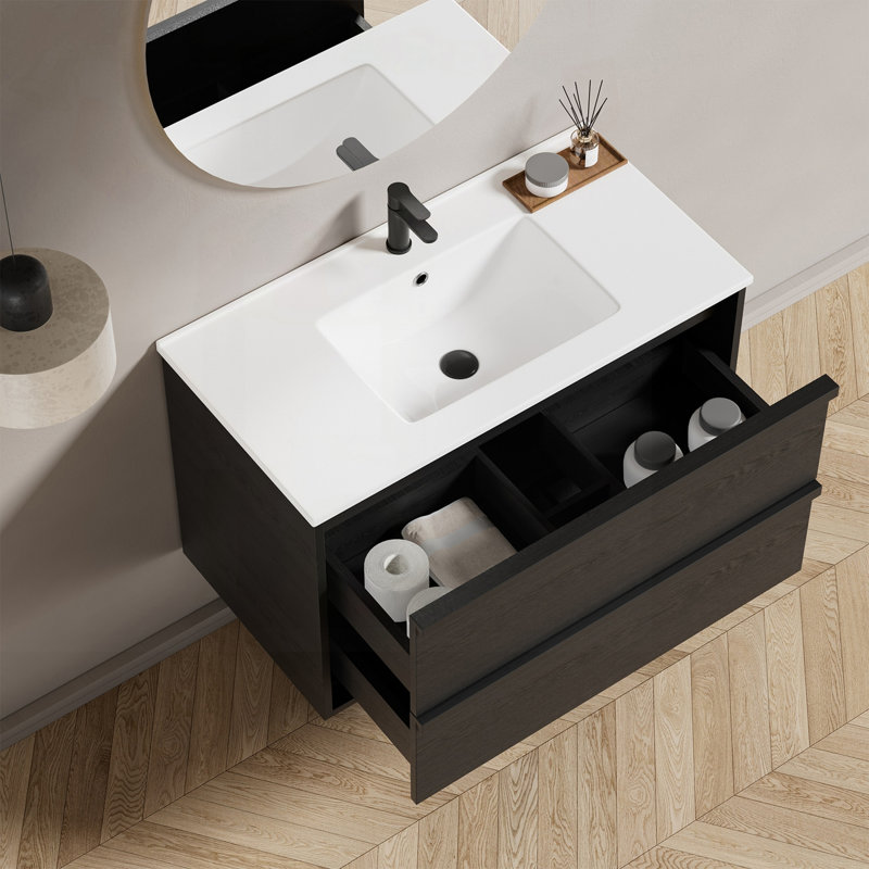 Meuble-lavabo flottant mural 36 po avec lavabo et tiroirs en céramique