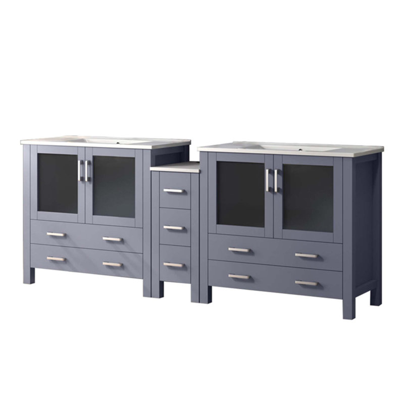 Meuble-lavabo double avec armoire latérale et plateau en céramique blanche