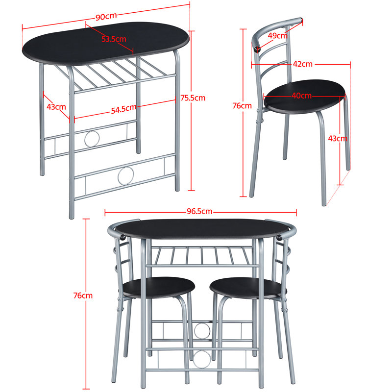 2 - Person Dining Set, Black/Silver, 90 cm L × 53 cm W × 75.5 cm H