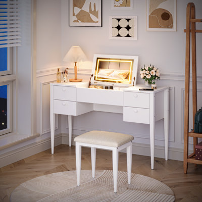 Ensemble de meuble-lavabo moderne avec miroir et lumières, ensemble de meuble-lavabo 5 tiroirs avec tabouret Modern