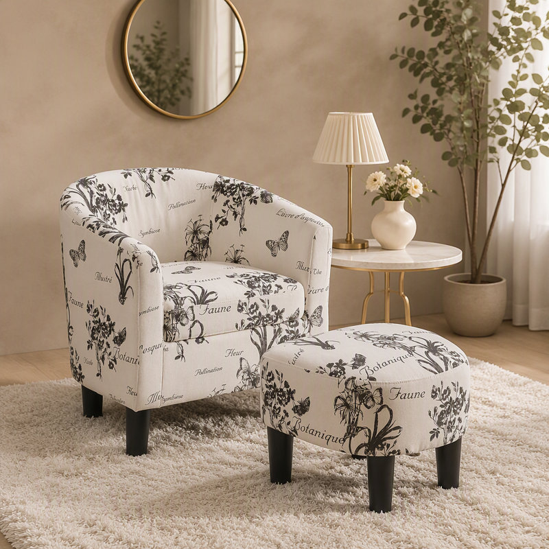 Ensemble de fauteuil d'appoint et repose-pieds 2 pièces Beua, imprimé blanc et noir