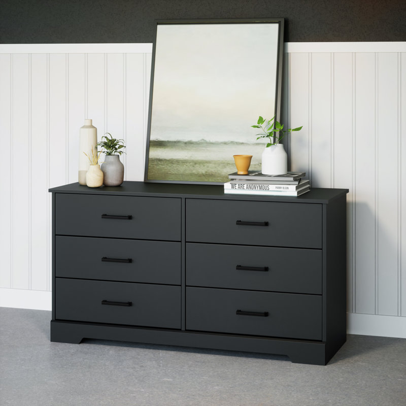 Commode double 6 tiroirs l 53,25 po Yazeed, Noir, noir, noir, noir