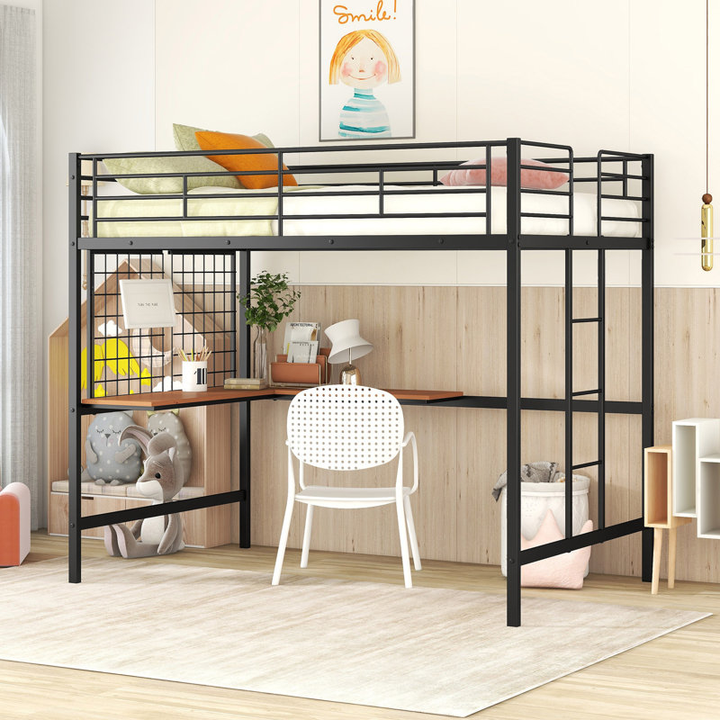 Lit mezzanine double en métal avec bureau et grille en métal, Noir