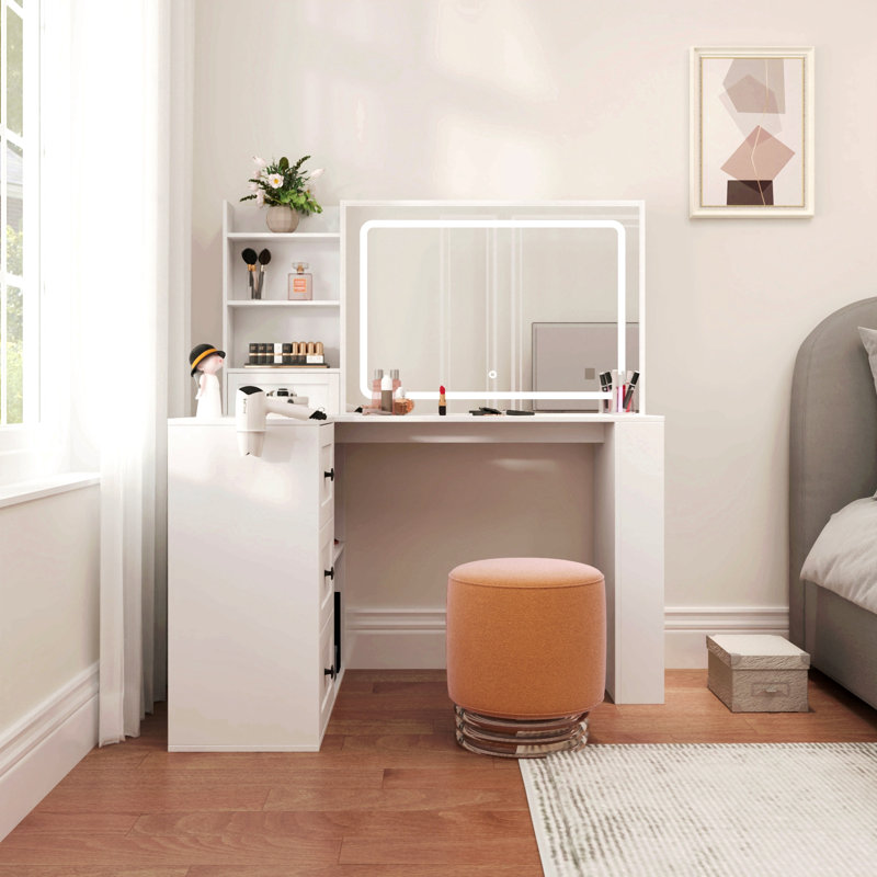 Bureau de coiffeuse avec lumières, coiffeuse de maquillage avec barre d'alimentation, ensemble de coiffeuse avec 3 grands tiroirs, miroir de coiffeuse 3 lumières de couleur réglables, blanc