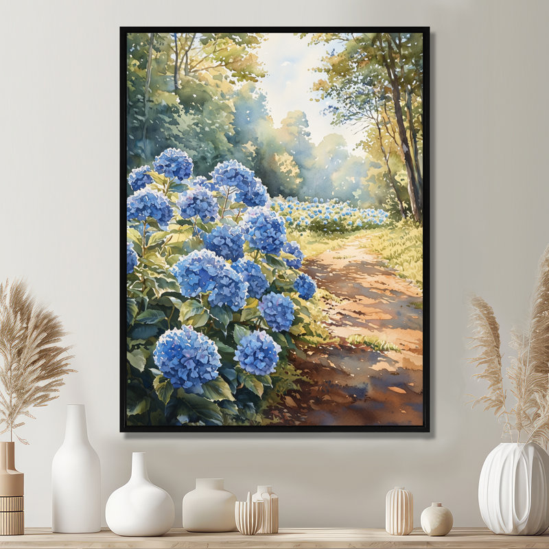 Hydrangeas in the Orchard Field - Hydrangea, reproduction d'art sur toile encadrée, Noir, Impression encadrée flottante