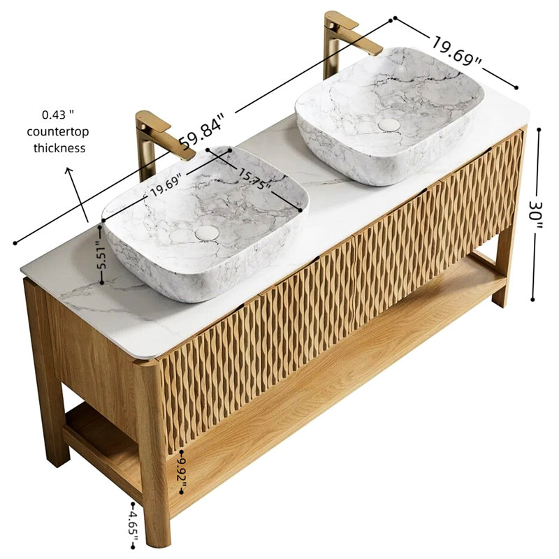 Meuble-lavabo de 60 po avec comptoir en pierre frittée, vasque en marbre, armoire et système de fermeture en douceur pour 2 lavabos autoportants, pierre blanche, contreplaqué