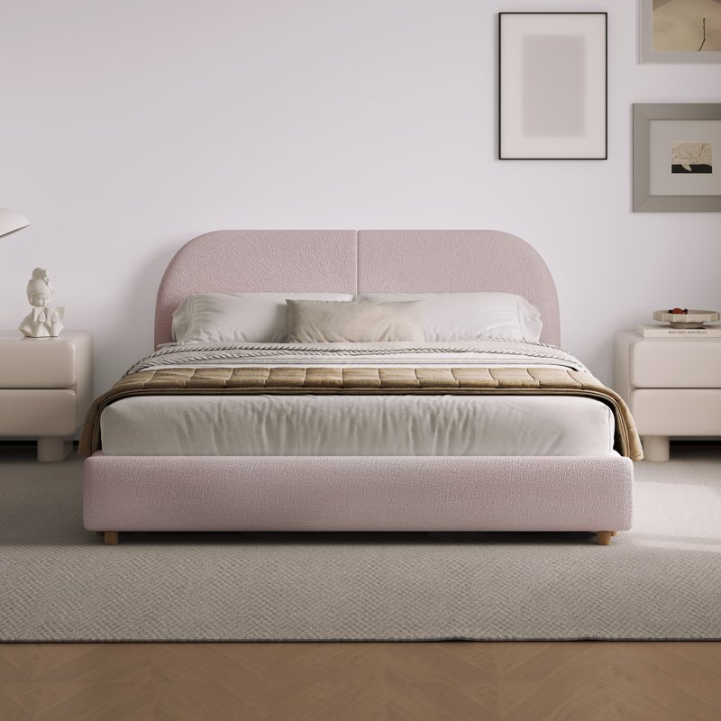 Boucle Upholstered Bed Frame With Tall Curved Headboard, Modern Minimalist Style, Pink, Queen