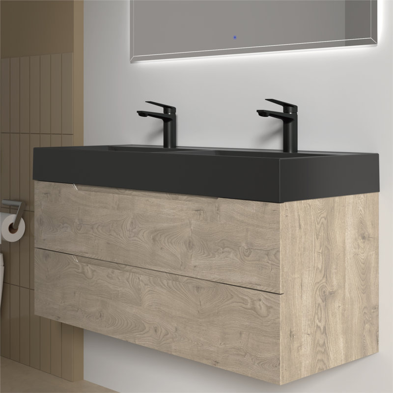 Meuble-lavabo double mural 48 po avec plateau en pierre noire et 2 tiroirs 48 po, Noir mat