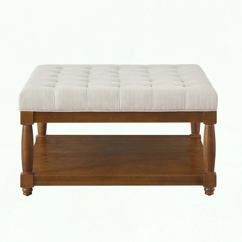 Large Square Ottoman with Solid Wood Shelf, Ivory