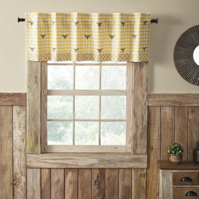 Buzzy Bees Gingham Cotton Ruffled 60" Window Valance in Gray/Yellow/Cream