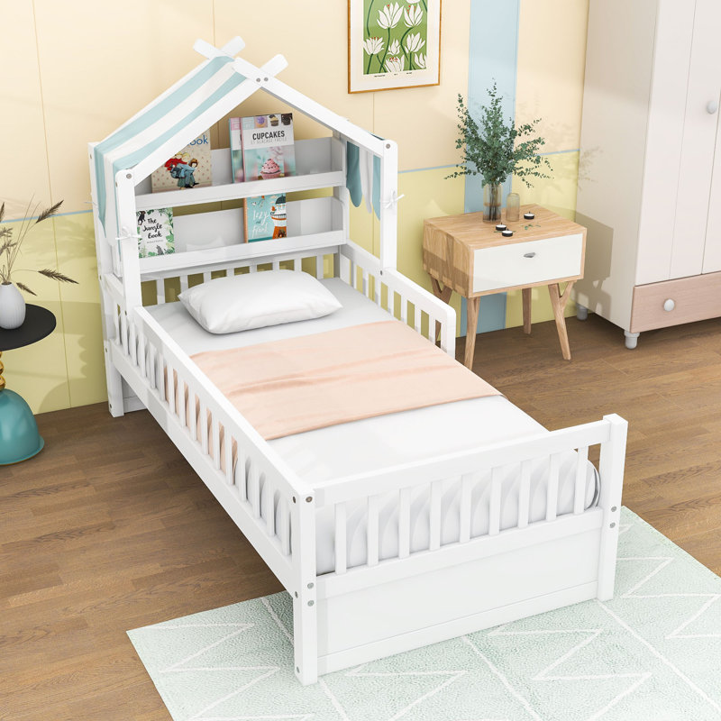 Wood House Bed with Storage Headboard, Twin, White