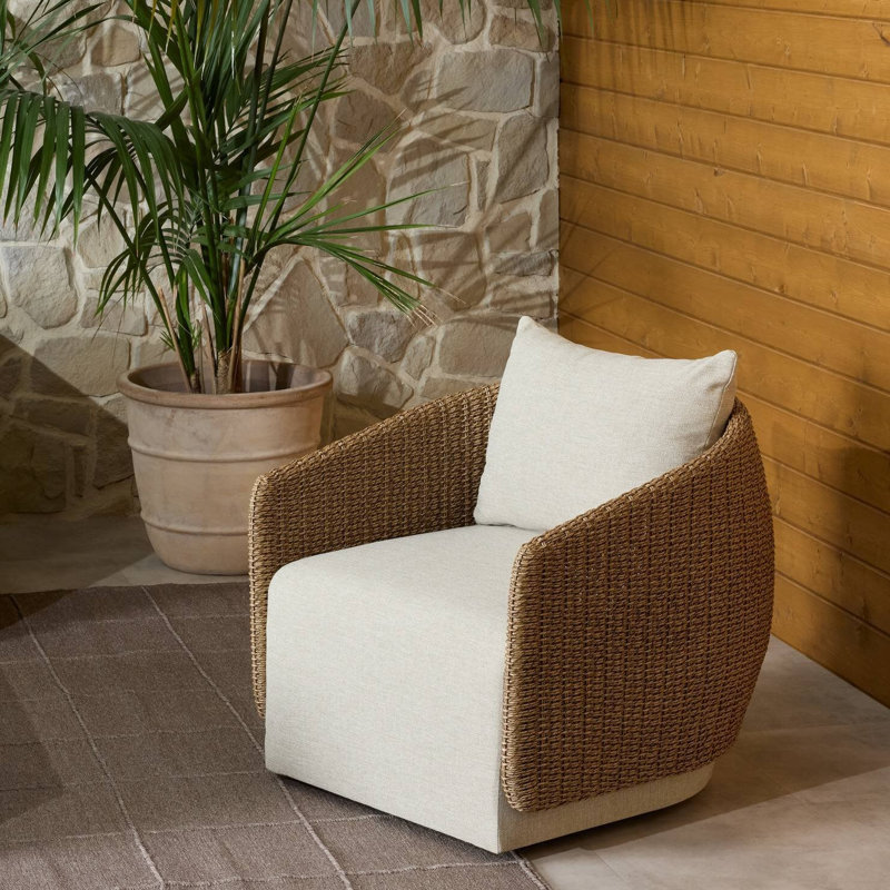 Odyn Swivel Wicker Outdoor Lounge Chair, Faux Dark Hyacinth, Alessi Buff