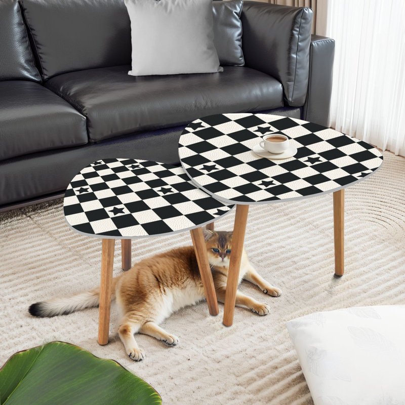 Triangle Nesting Coffee Table Set of 2 Geometric Checkered seamless stars Abstract Chess board allover print End Table Modern Minimalist Side Table Set for Living Room Bedroom