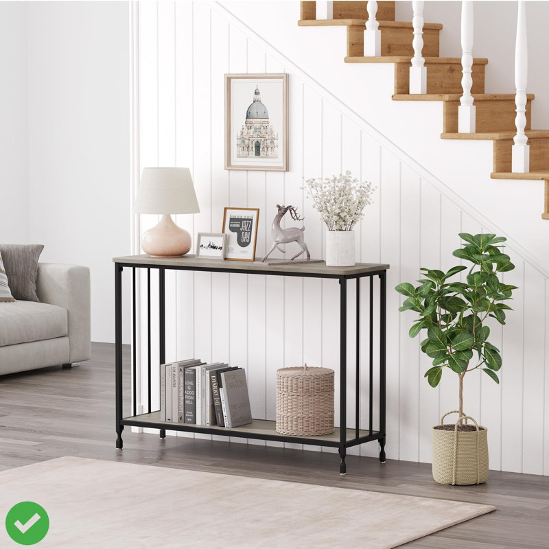Console Table, Sofa Tables Narrow Entryway Table w/ Glass Shelf and Metal Frame, Grey