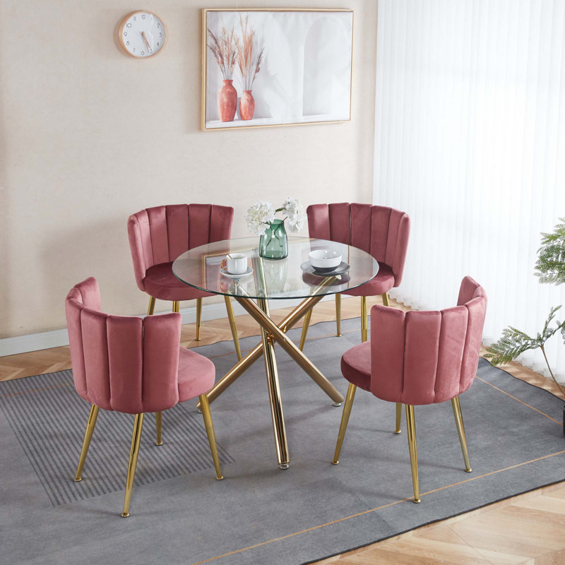 Ensemble de salle à manger 1 + 4,5 pièces, table de salle à manger à pieds en métal Mid-Century pour 4-6 personnes avec plateau en verre, table de salle à manger à piédestal, table basse de loisirs