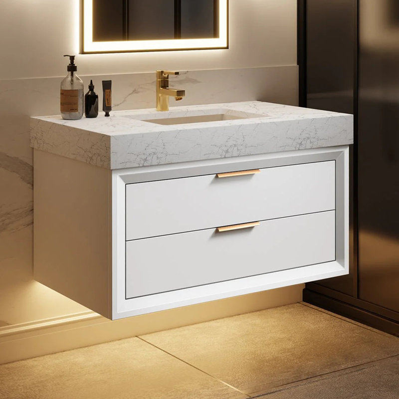 Meuble-lavabo mural moderne en bois massif 36 po avec comptoir en pierre et lumière DEL 36 po, Blanc