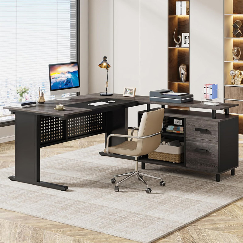 Bureau de direction en L de 63 po avec classeur (sans la chaise), Noir