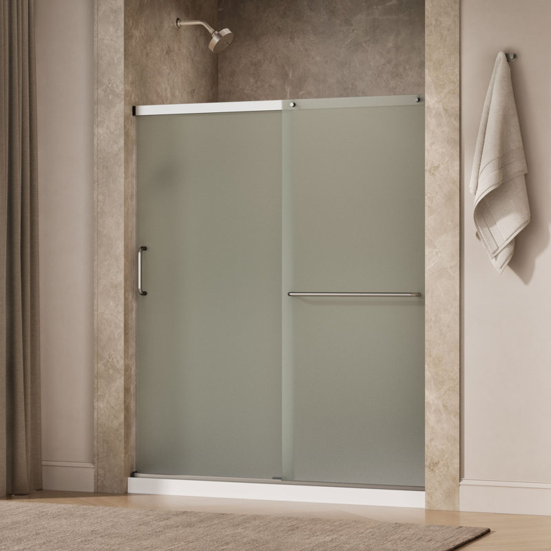 Elate Sliding Shower Door, 70-1/2-In H X 56-1/4 - 59-5/8-In W, With 1/4-In Thick Crystal Clear Glass, Nickel/Frosted