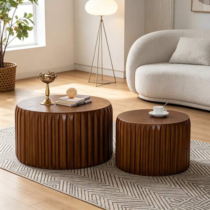 Ensemble de 2 tables basses rondes cannelées avec base robuste