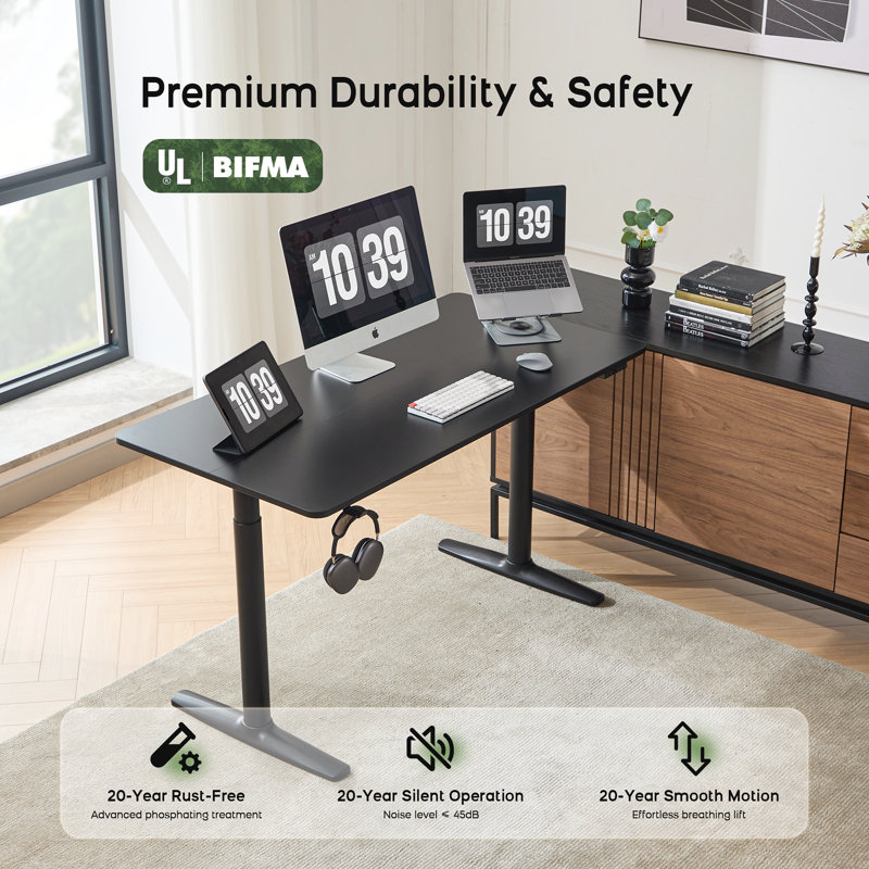 Electric Height Adjustable Standing Desk with Round Tube Column, 46" H x 48" W x 24" D, Black/Black