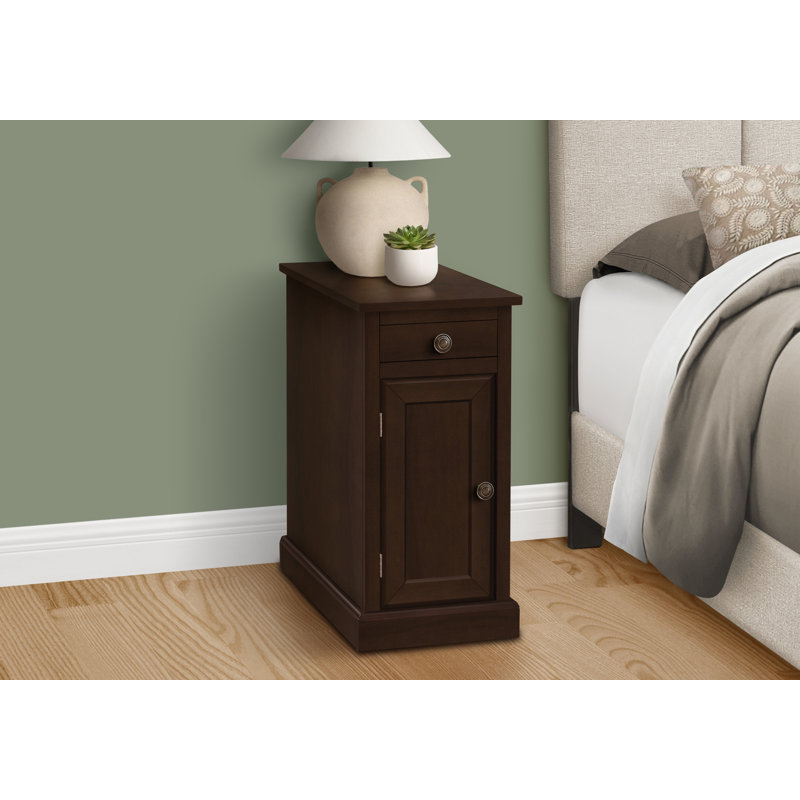 Table d'appoint, table de bout, table d'appoint, table de chevet, étroite, chambre à coucher, lampe, tiroir de rangement, placage brun, traditionnel