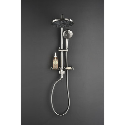 Shower Compilation Incorporating 10" Rainfall Showerhead, 4 Hand Shower, Adjustable Slide Bar And Soap Dish In Brushed Nickel With