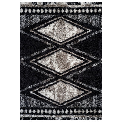 Geometric Grid Pattern Shag Rug – Anthracite Dark Gray – Medium Pile, Soft & Durable