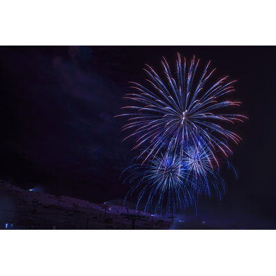 Brightly Colourful Fireworks High Mountain Winter Landscape Night Skiing by Ultramarinfoto - No Frame Print on Canvas