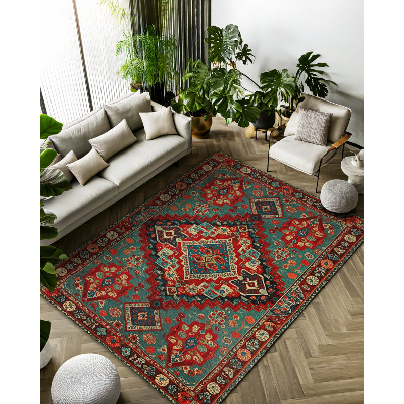 Ezra Collection Digital Print Cotton-Polyester Green Red Moroccan Rug, Rectangle 6'7" x 8'3"