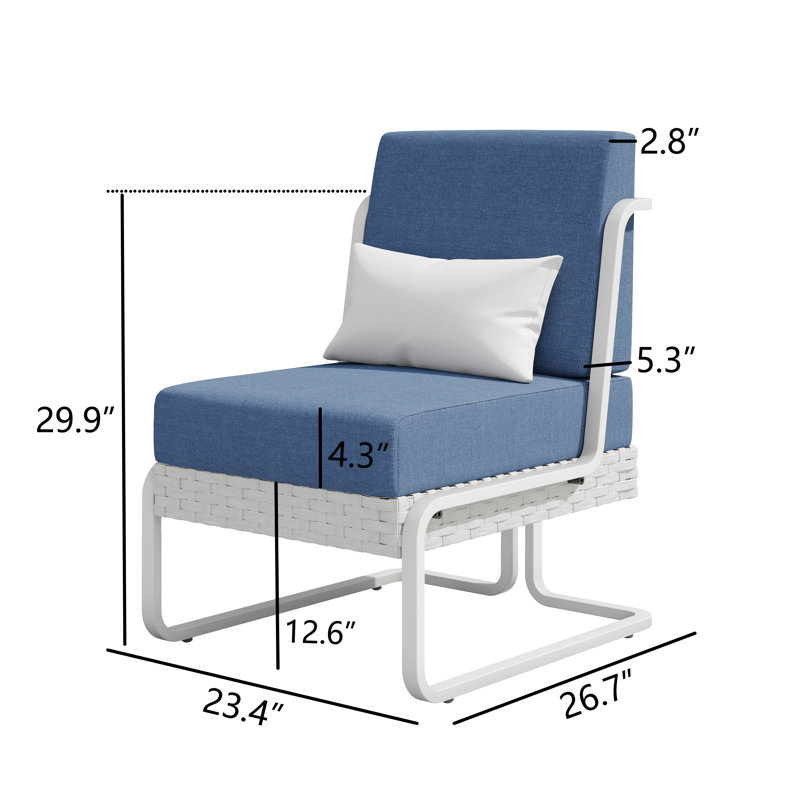 Chaise longue de patio en aluminium et osier avec coussins et coussins, Bleu, Blanc