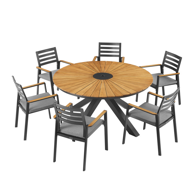 Outdoor Aluminum/Teak Round Dining Set With Olefin Cushions, 6