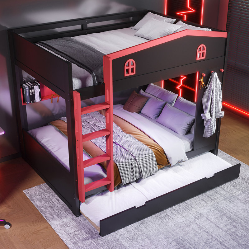 Lit superposé avec lit gigogne et tablettes de rangement, lits superposés en bois massif avec crochets, aucun sommier nécessaire