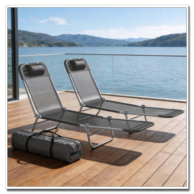 Ensemble de 2 chaises longues pliantes avec inclinaison à 5 positions, filet respirant et coussins de tête