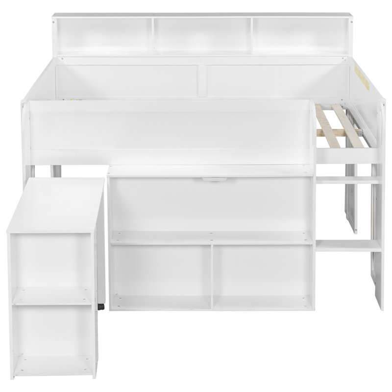 Wood Full Size Loft Bed with Desk, LED Light & 8 Storage Shelves, Solid Wood Frame, No Box Spring Needed, White, White