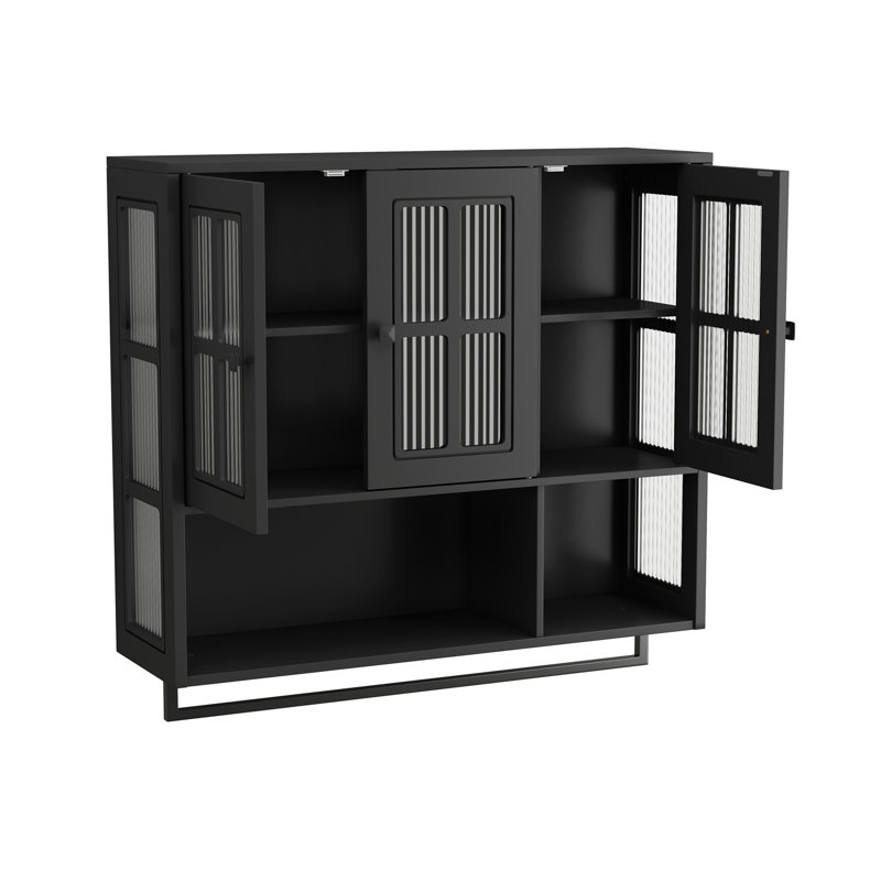 Bathroom Wall Cabinet, 3-Door Wooden Wall Cabinet with Open and Hidden Storage Space, Black