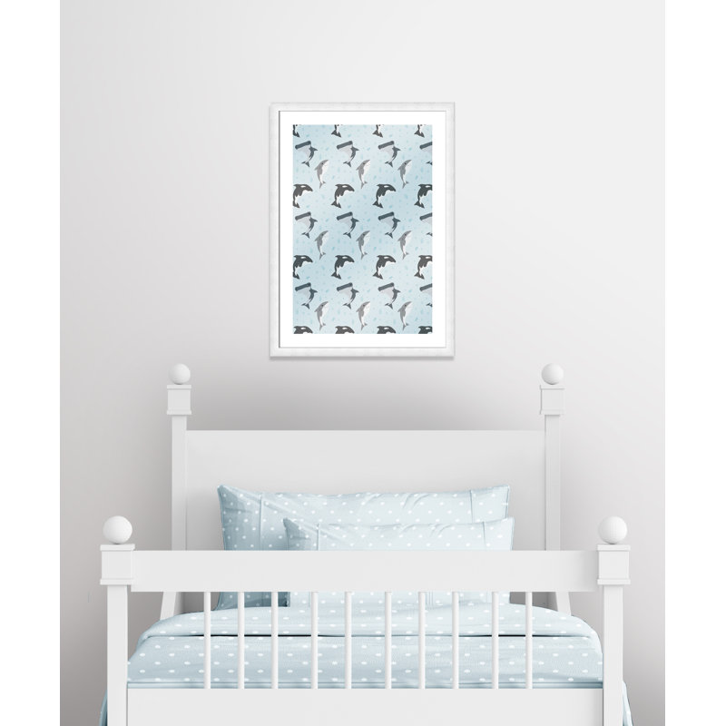 «Happy Fish», impression sur papier, H 34,5 po x l 24,5 po x P 0,6 po, Encadré plat à grain de bois blanc