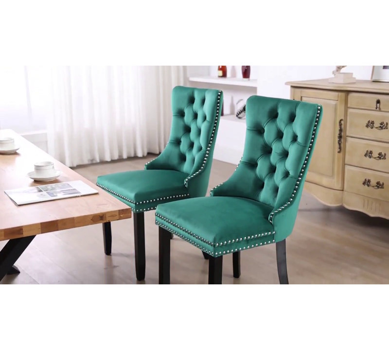 Light Blue Velvet Tufted Dining Chairs with Wood Legs, Set of 6