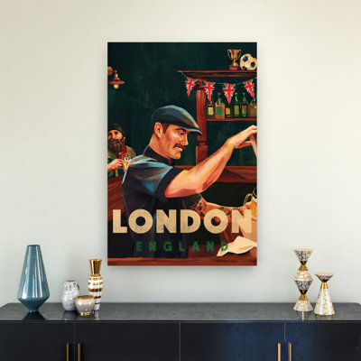 London England Pub Bartender Classic Retro Traditional Wall Art Print 1 Piece Wrapped Canvas Wall Art