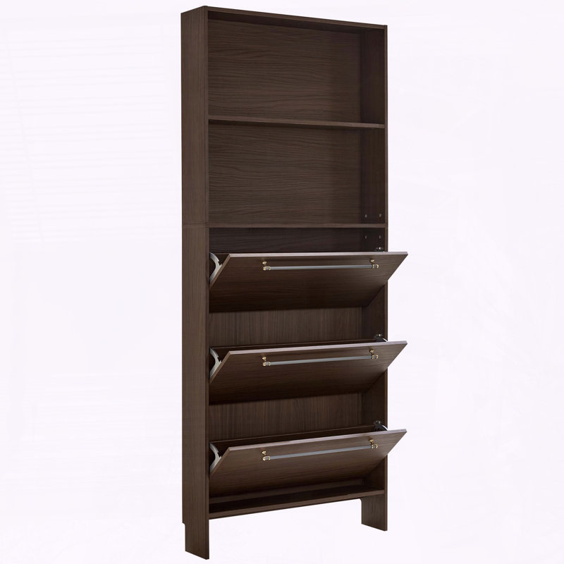 Armoire à chaussures étroite 12 paires avec 3 tiroirs rabattables et tablettes ouvertes, noyer