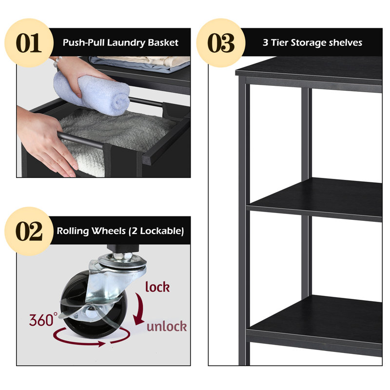 Free Standing Laundry Cart with Wheels, Black