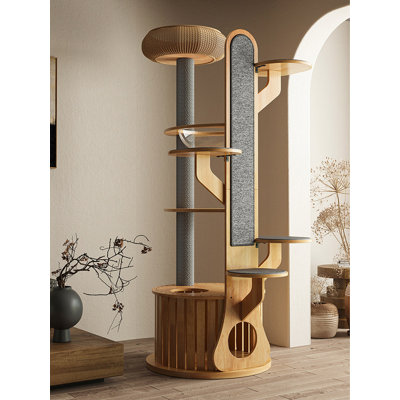 Modern Natural Wood Cat Tower with Sisal Post, Scratching Board & Multi-Level Play Platforms