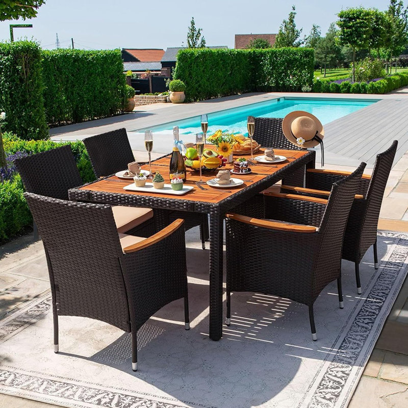 Ensemble de conversation pour patio avec plateau en bois d'acacia, coussin extérieur, beige