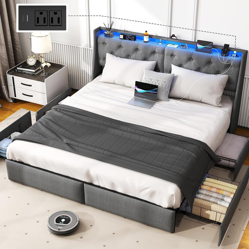 Oneita Upholstered LED Bed Frame with 4 Drawers, Bed with Storage Headboard and Charging Station, King