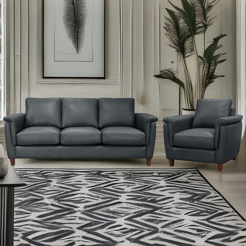 Ensemble de salon en cuir véritable Rambrij, 1 chaise, 1 canapé, Cobalt; cobalt