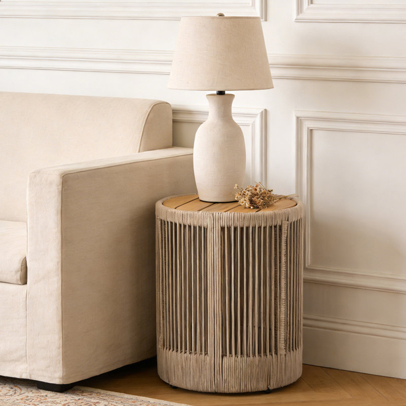 Table d'appoint d'extérieur en bois de rotin, Teck et beige
