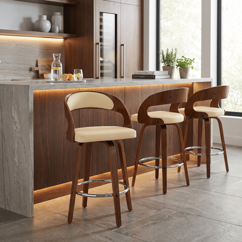 Tabouret de bar pivotant Pensacola, Noyer, Crème, Tabouret de comptoir (siège d'une hauteur de 26 p