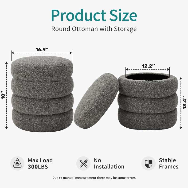 17'' Wide Boulce Round Storage Ottoman, Gray