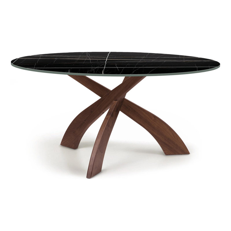 Entwine Chat Tables - Round Sintered Stone Top Table, 26" H x 54" L x 54" W, Sahara Noir, Natural Walnut