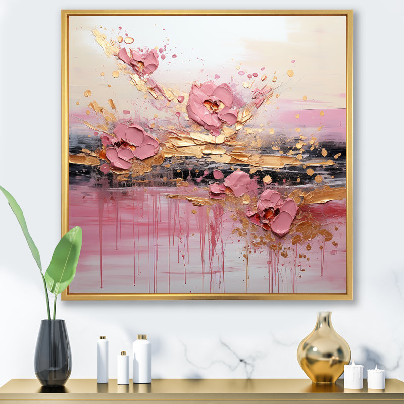 Art moderne sur toile, or et rose, H 16 po x l 16 po x P 1 po, Cadre flottant doré