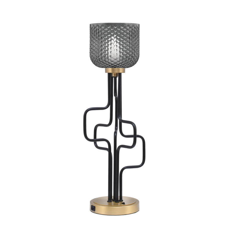 Lampe décorative Amarmula, avec ports USB, fini noir mat et laiton vieilli, verre texturé fumé 6 po, Doré, Transparent/noir